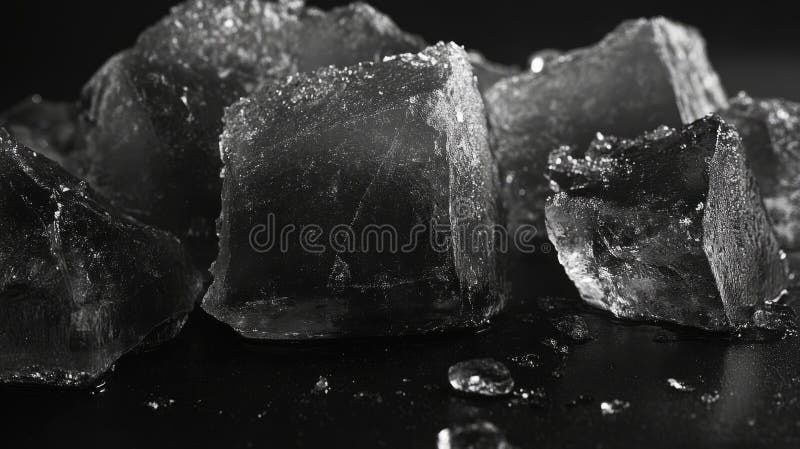 Black and white photo of ice cubes on a black surface. stock images
