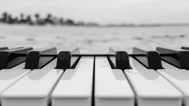 The image is a black and white photograph of a close-up view of a white piano keyboard. The keys are slightly blurred, creating a sense of depth and drawing the viewer's attention to the center of the image. The keys are arranged in a standard piano layout, with the black keys on the left and the white keys on the right. The background of the image is out of focus, but it appears to be a beach or shoreline with a line of trees visible in the distance. Out line drawing tree stock images, royalty-free photos and pictures