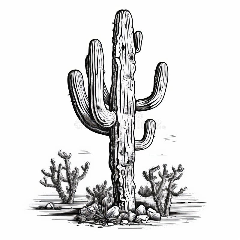 A black and white photograph capturing the essence of a minimalist cactus plant in a desert landscape. the image showcases a cactus flower, with a sculptural engraving style that exudes rustic realism. the elongated figures and stone sculptures add depth to the american scene painting, creating a multilayered sense of realism. Multilayered compositions stock images, royalty-free photos and pictures