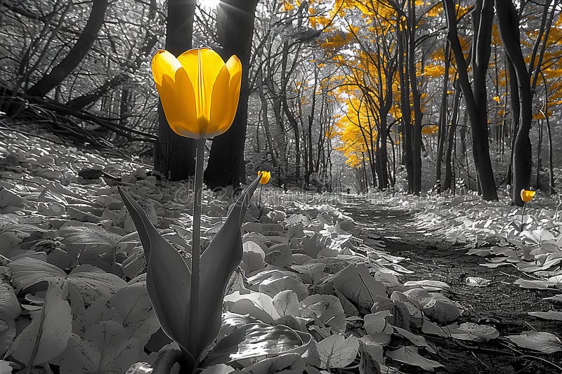 Black and white photography of one yellow tulip in the middle, surrounded by trees and nature, beautiful composition, contrast be royalty free illustration