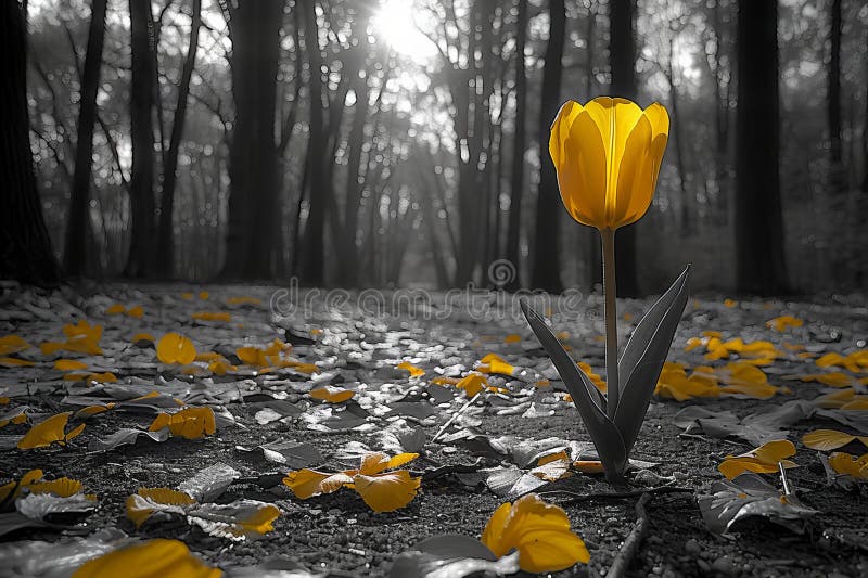 Black and white photography of one yellow tulip in the middle, surrounded by trees and nature, beautiful composition, contrast be vector illustration