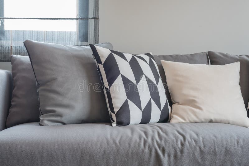 Black and White Pillows on Modern Grey Sofa Stock Image Image of
