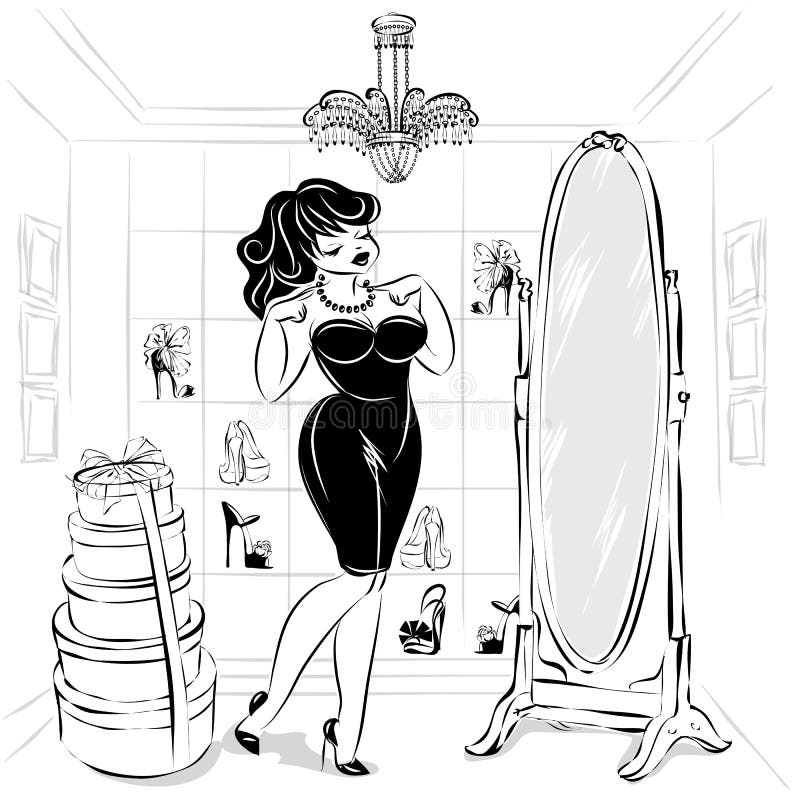 Black and white pin-up woman in fashion shop try the dress and shoes in front of the mirror, drawn illustration clip a