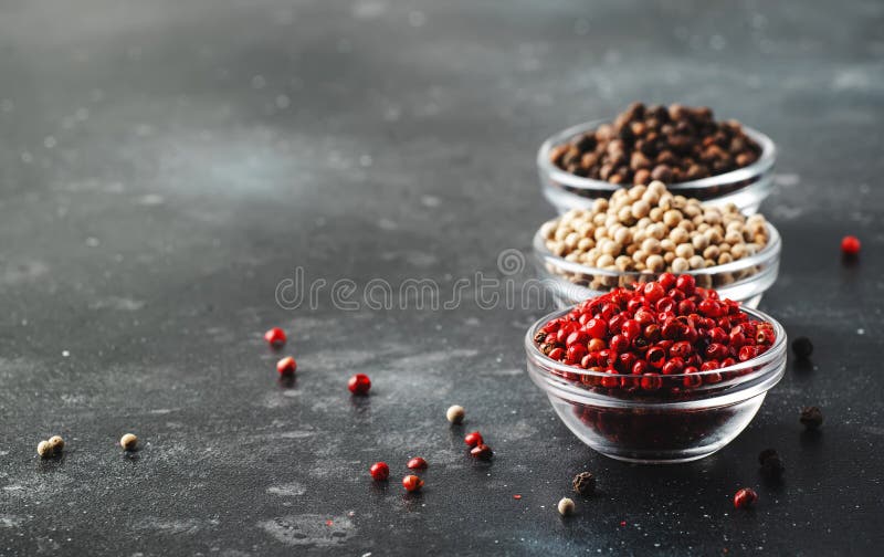Black, White and Pink Rose Peppers in Glass Bowls, Assorted Spices on