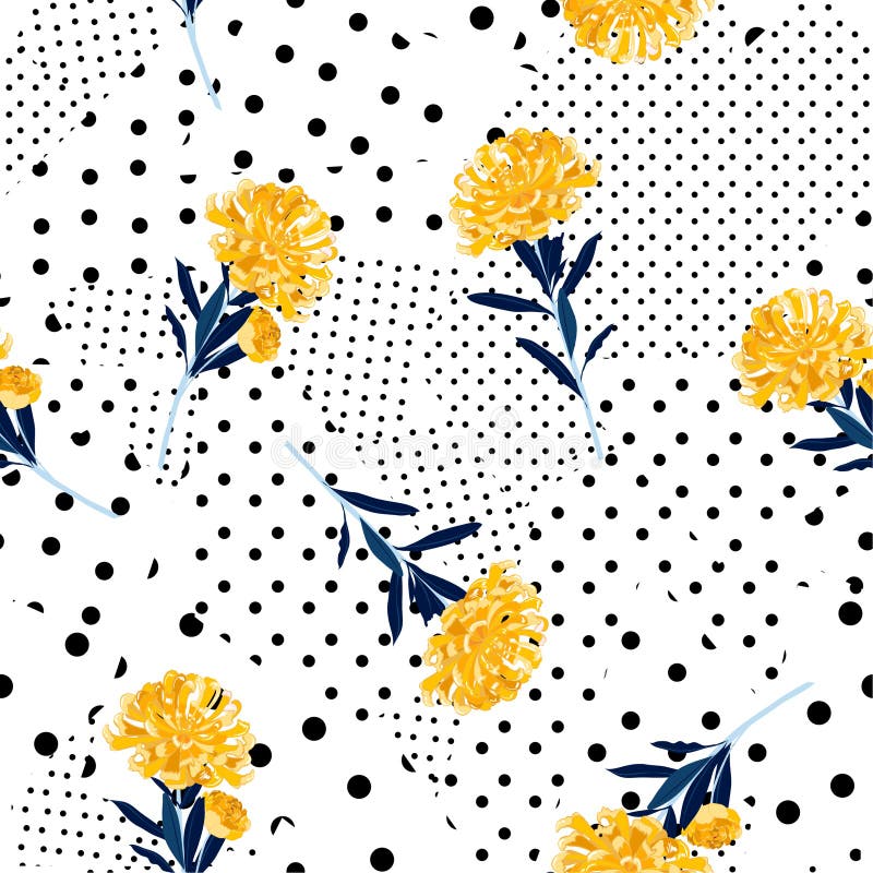 Black and white Polka dots pattern mix in different size of circle on top with bright summer oriental blooming yellow flowers se