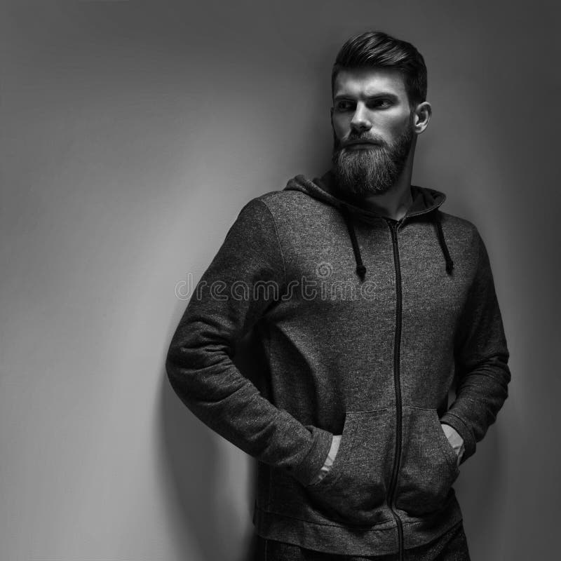 Black and white portrait of bearded handsome man in a pensive mood royalty free stock image Black and white portrait of bearded handsome man in a pensive mood royalty free stock image