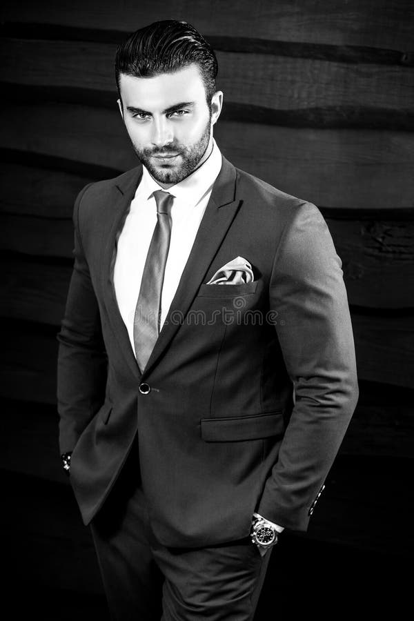 Black-white Portrait Of Beautiful Fashionable Man In Stylish Suit ...