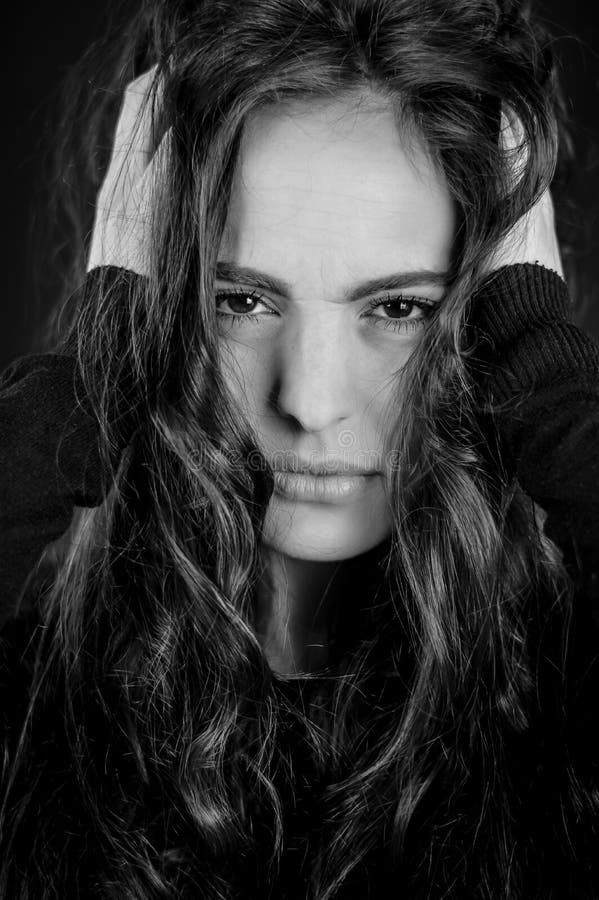 Black And White Portrait Of A Beautiful Young Desperate Woman With Her Black And White Portrait Of A Beautiful Young Desperate Woman With Her