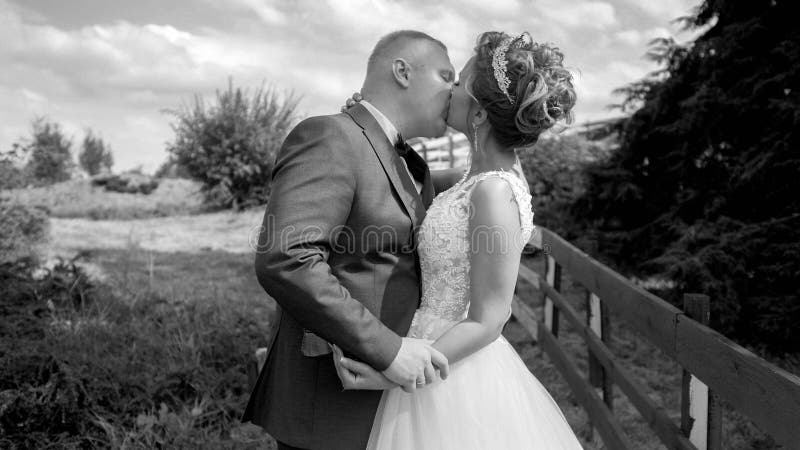 Black And White Portrait Of Happy Newly Married Couple Kissing At Countryside Stock Image 