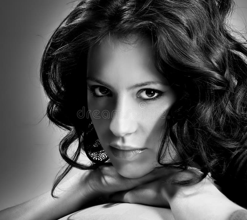 Black and white portrait of young beautiful woman