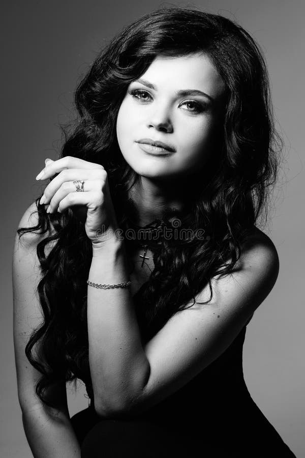 Black and White Portrait of Young Model with Long Hair. Stock Photo - Image  of adult, figure: 124182332