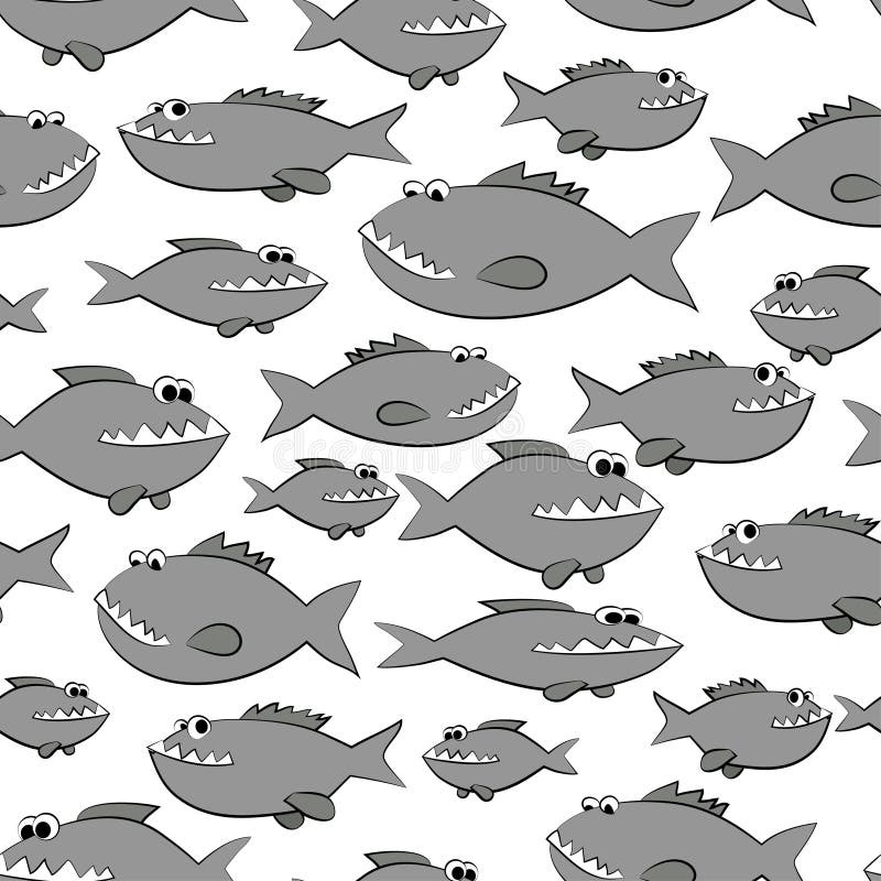 black and white predatory fishes - piranhas, seamless pattern. Vector design