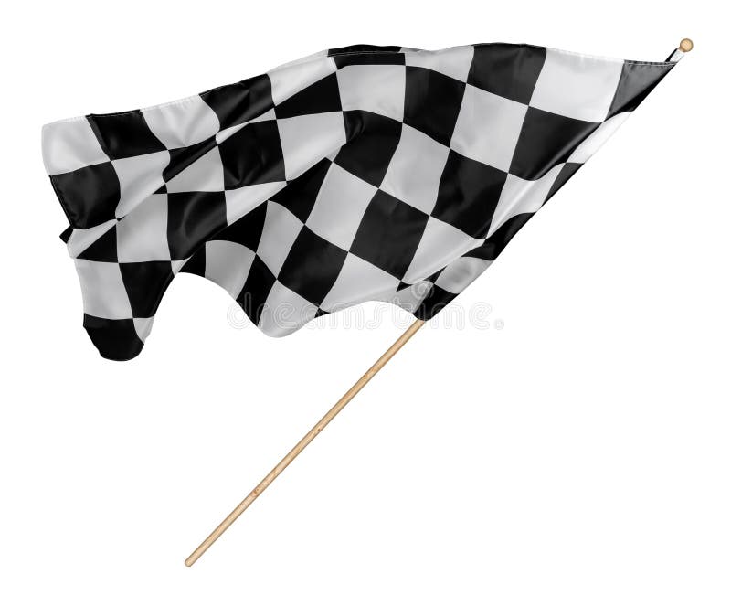 Black white race chequered or checkered flag with wooden stick isolated background. motorsport racing symbol concept royalty free stock image