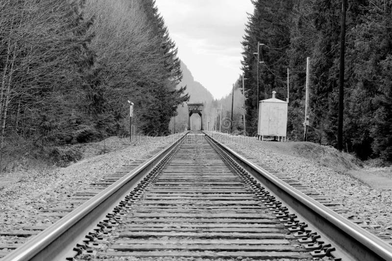 Black and white railway tracks bridge