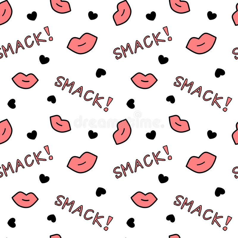 Black white and red seamless pattern background illustration with lips hearts and smack words