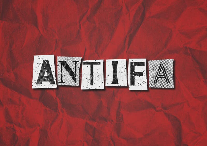 A black, white and red text collage graphic illustration on the concept of antifa, anti fascist protestors