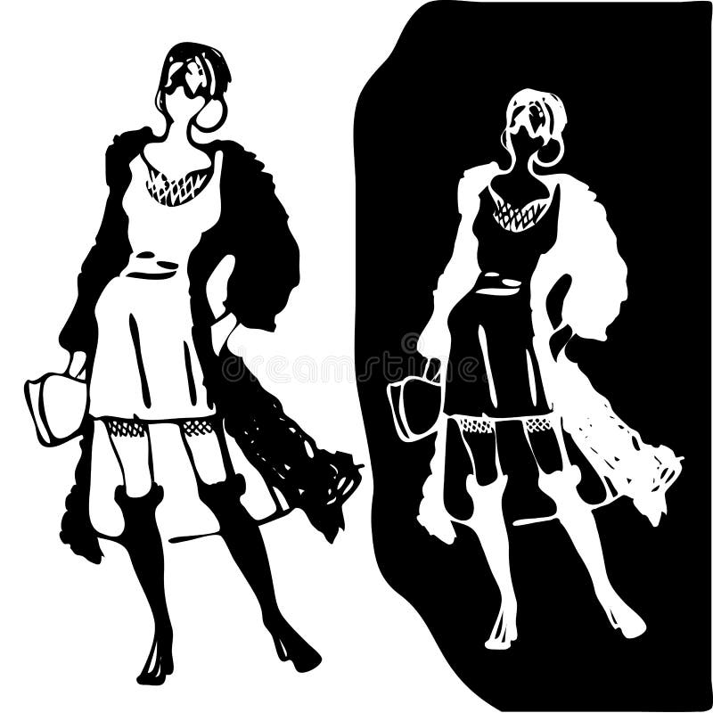 Black and White Retro Fashion Model in Sketch Style. Hand Drawn Vector ...