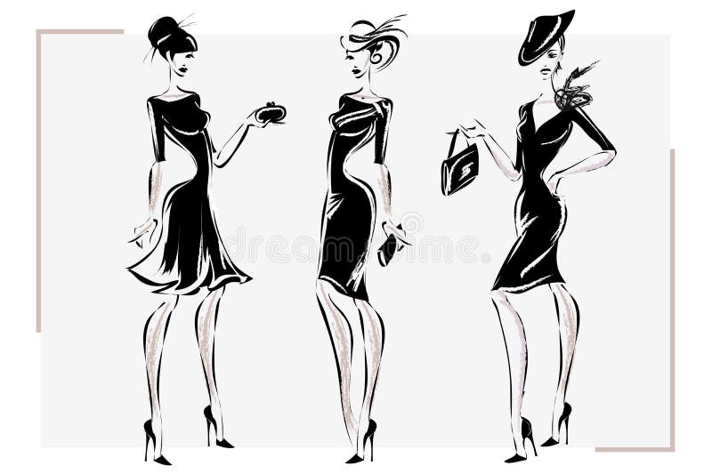 Black and white retro fashion woman model. Hand drawn illustration