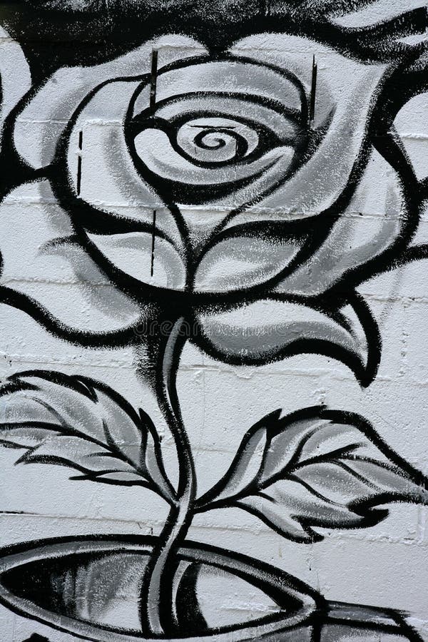 Black and white rose street graffiti paint detail wall.