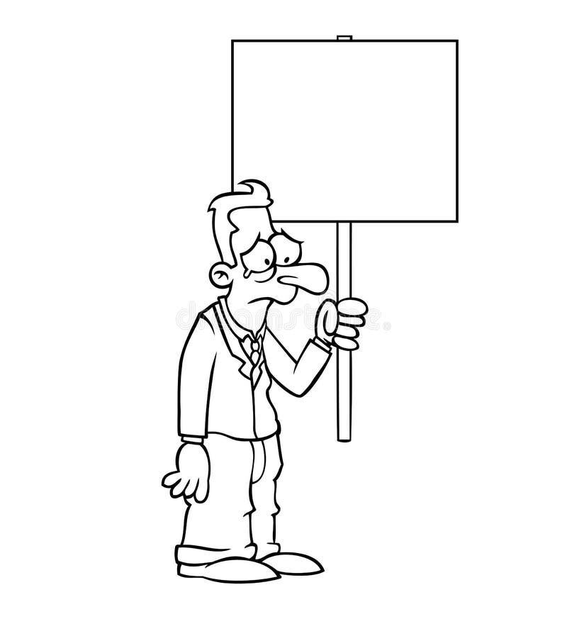 Black and white sad business man with protest sign vector illustration