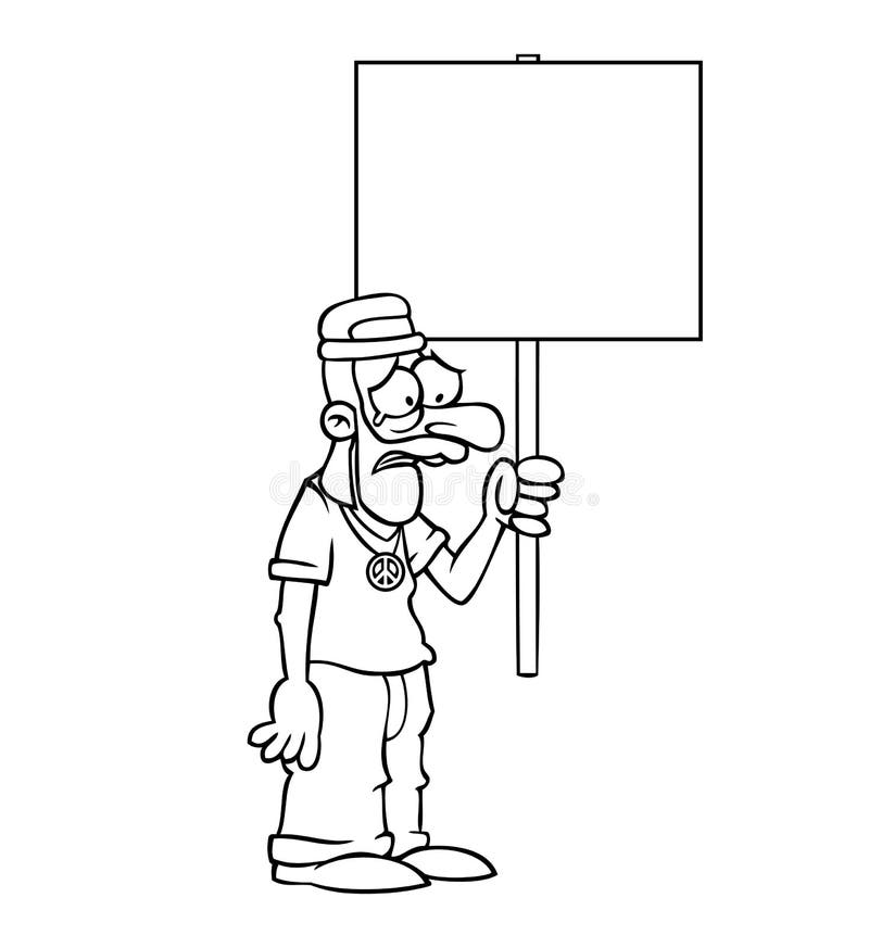 Black and white sad hippie with protest sign royalty free illustration