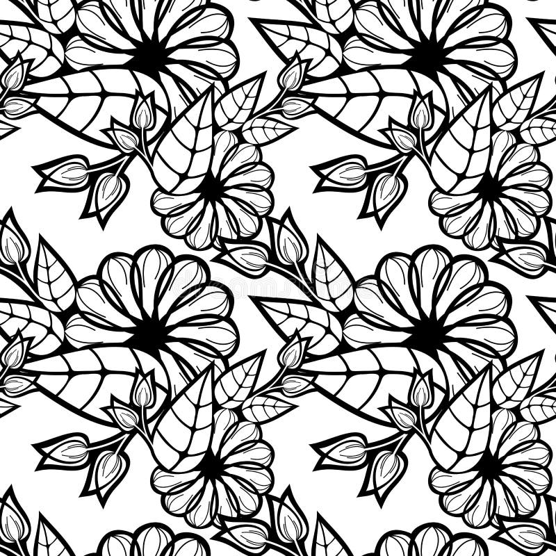 Black And White Seamless Floral Pattern. Raster Clip Art