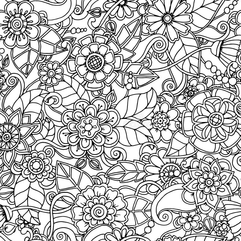 Black and White Seamless Hand Drawn Pattern with Abstract Flowers ...
