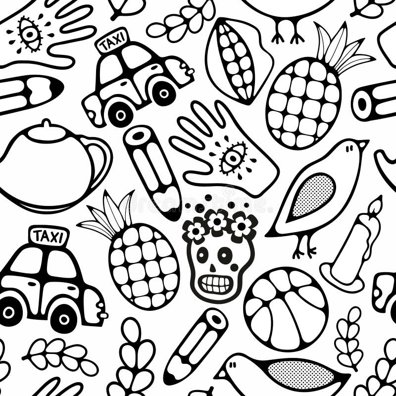 Black and White Seamless Illustration for Coloring Book. Stock Vector