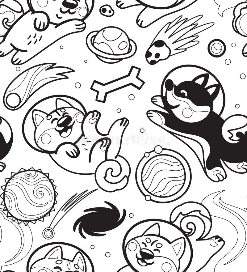 Black and white seamless pattern with cute cartoon huskies astronauts in the space stock illustration