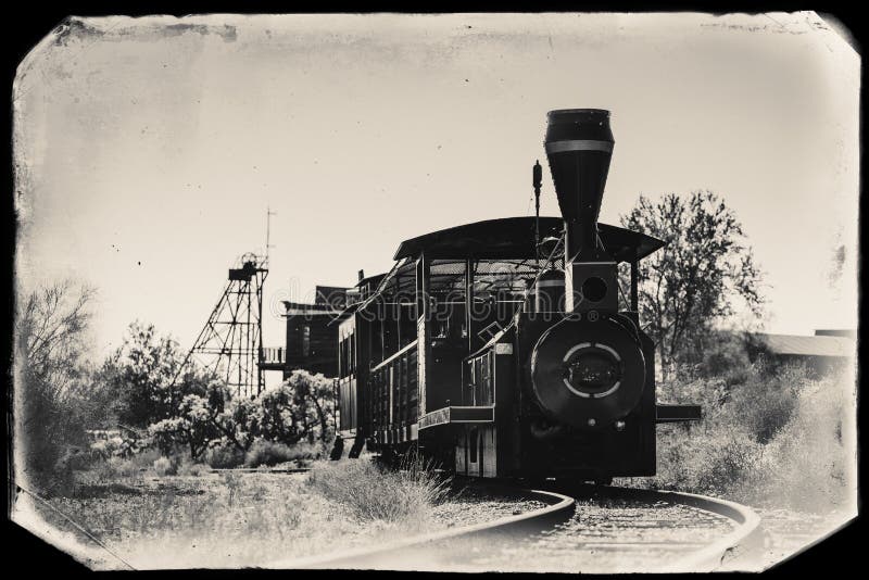 Black and White Sepia Vintage Photo of Old Train in Goldfield Gold Mine Ghost Town in Youngsberg, Arizona