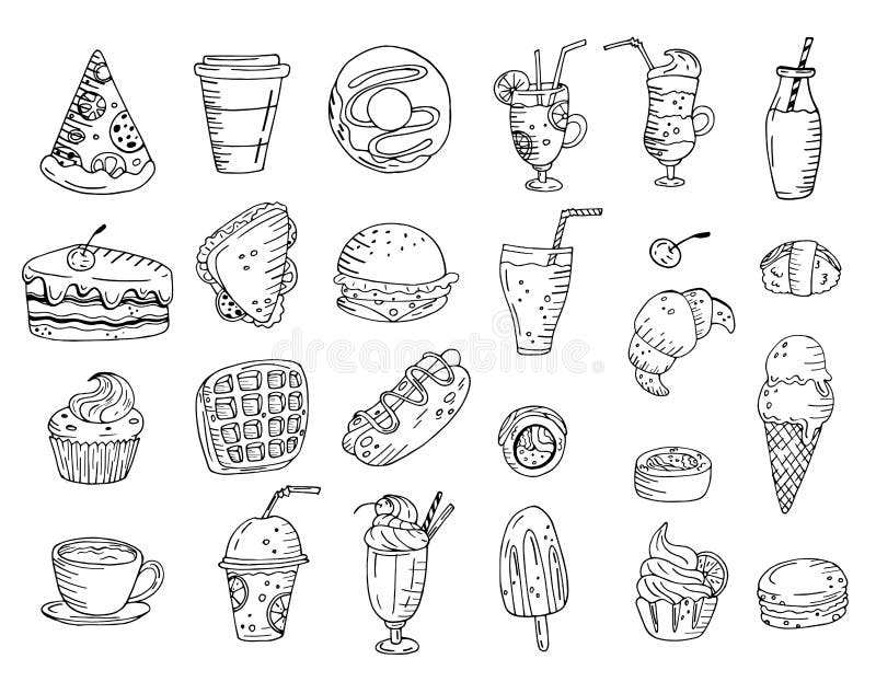 Black and white set of elements with hand drawn food vector illustration