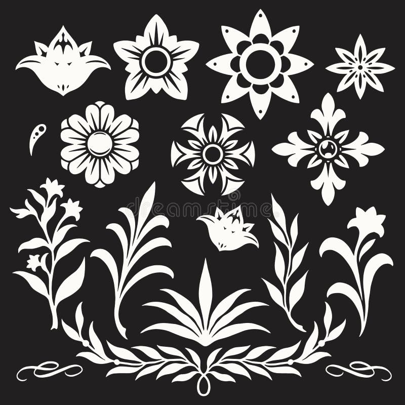 Monochrome Set of Floral Decorations Stock Vector - Illustration of ...