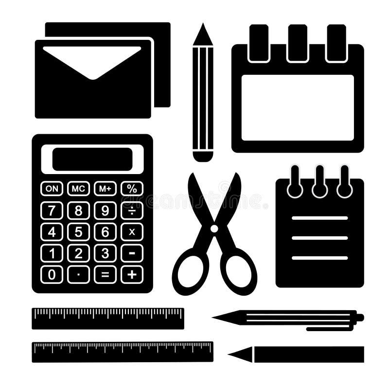 Black and White Set of Stationery. Office Supplies Stock Illustration -  Illustration of lock, laptop: 146118904