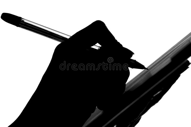 Black and white silhouette of a female hand writing with a fountain pen on a piece of paper stock photo Black and white silhouette of a female hand writing with a fountain pen on a piece of paper stock photo