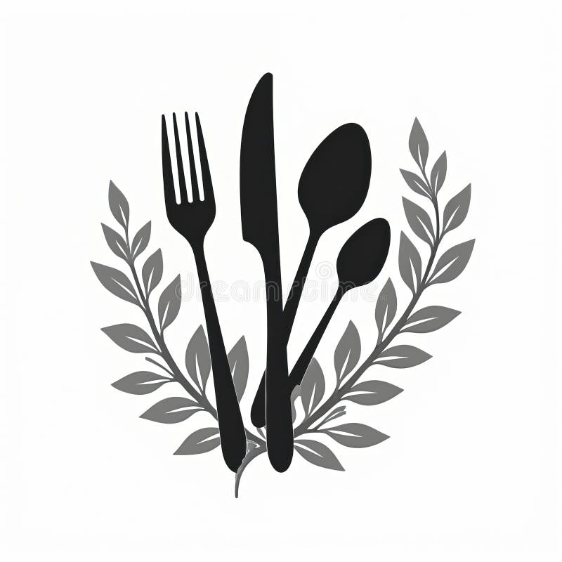 Black, white silhouette of fork knife spoon with leaves. Minimalist design, eatery icon. Modern dining illustration for royalty free illustration