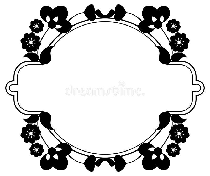 Black and White Silhouette Frame with Decorative Flowers. Stock Vector