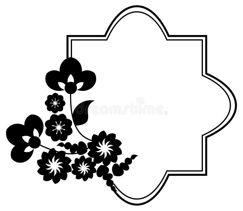 Black and White Silhouette Frame with Decorative Flowers. Stock Vector