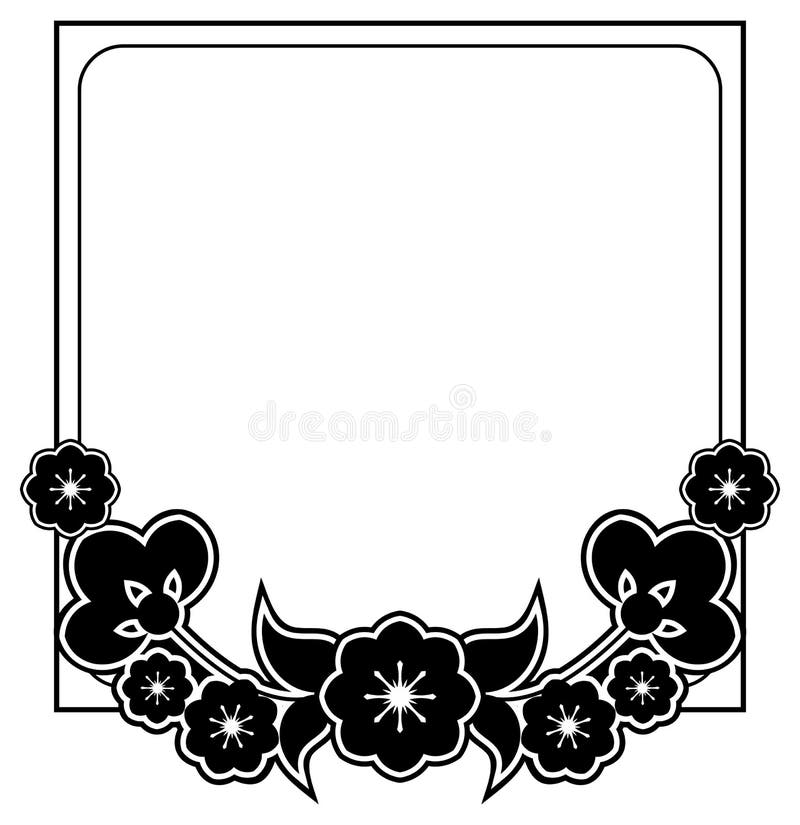 Black and White Silhouette Frame with Decorative Flowers. Stock Vector