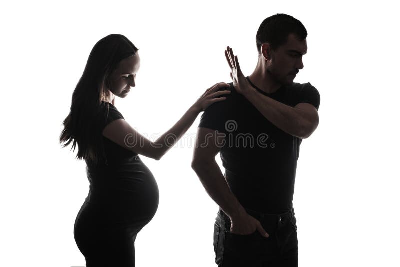 Black and white silhouette portrait of man and apregnant woman, married couple silhouette, unwanted pregnancy concept