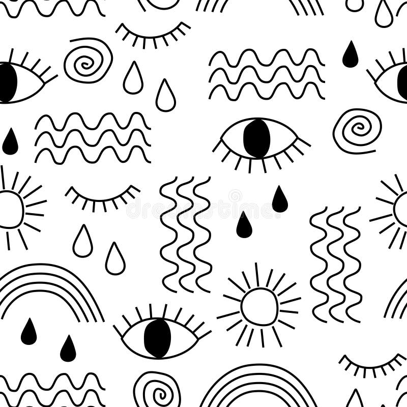 Black and white simple vector abstract seamless pattern with eyes, waves, sun, drops, rainbow. Seamless pattern for wallpapers, pattern fills, web backgrounds, surface textures, textile. Vector abstract seamless pattern vectors