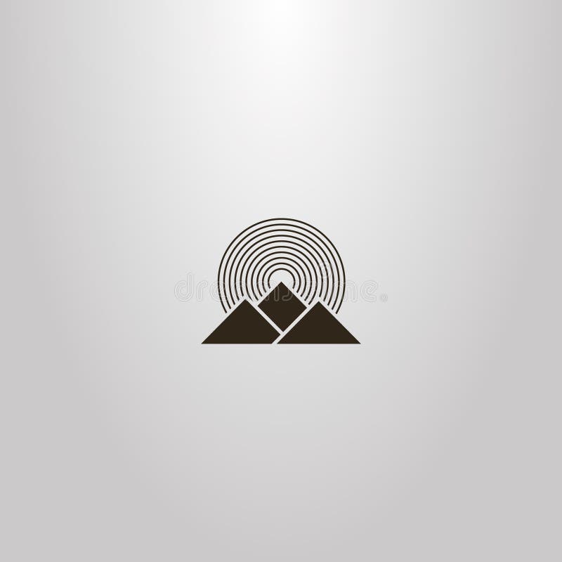 Simple vector geometric sign of three mountains and round rays of the sun vector illustration