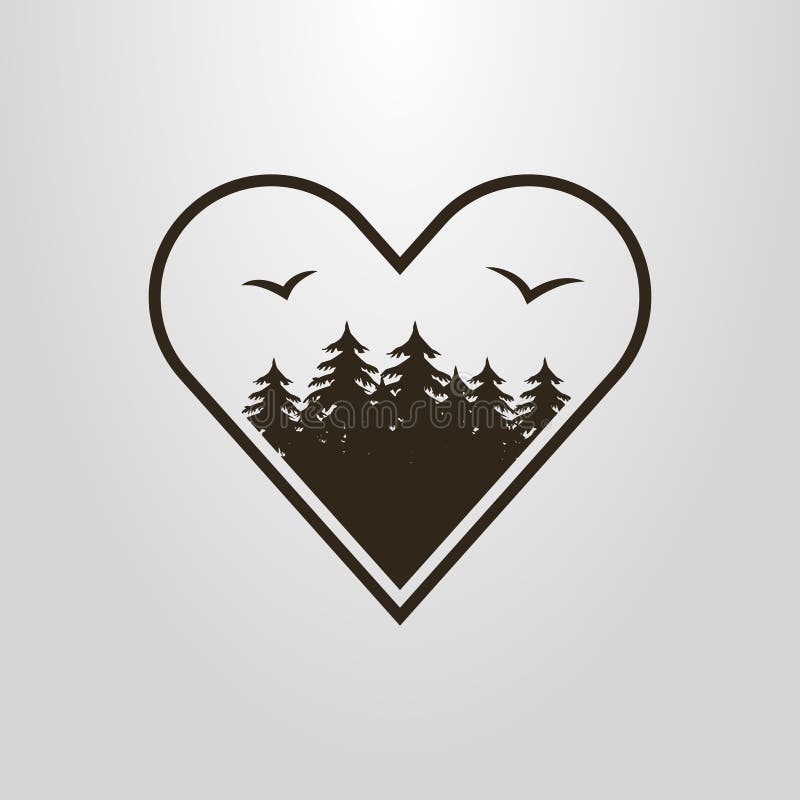 Simple vector pictogram of the forest with birds in the heart shape frame stock illustration