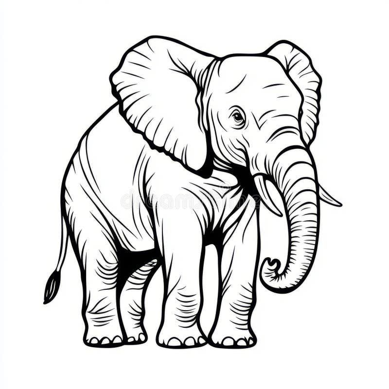 Black and white sketch of an elephant in profile view. stock photography
