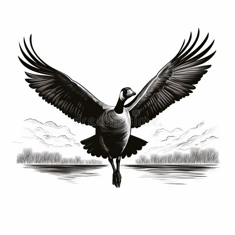 Wild Canadian Goose Flying: A Hyper-realistic Illustration In Traditional Landscape Style