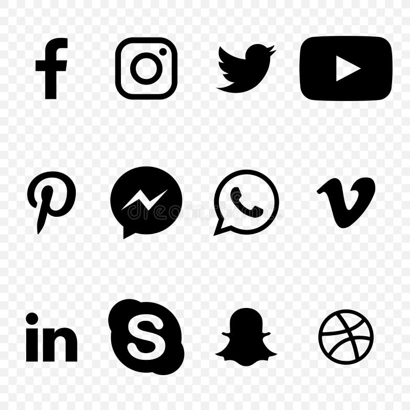 Black and white Social media Icons on transparent background vector high quality set