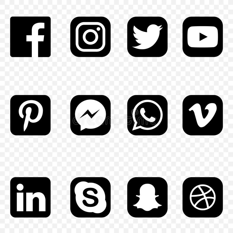 Black and white Social media Icons on transparent background vector high quality set illustration