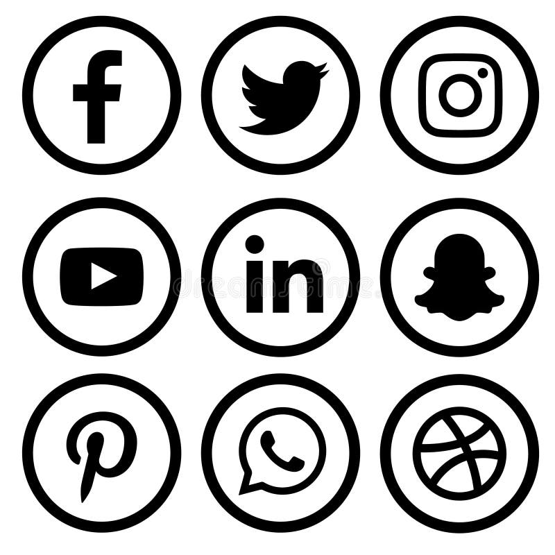 Social media icons set of Facebook twitter Instagram Pinterest whats-app dribble you-tube linked in and snap-chat. All logos in high resolution size with white background. also include EPS vectr file for additional download. Black & white icons. Social media icons set of Facebook twitter Instagram Pinterest whats-app dribble you-tube linked in and snap-chat. All logos in high resolution size with white background. also include EPS vectr file for additional download. Black & white icons