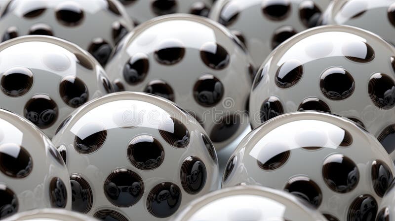 Black and white spheres with spotted surface. Glass balls are laid out in rows. The beads are made using fusing technology. stock illustration