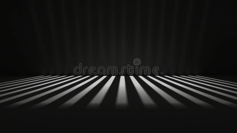 The image presents a striking contrast of black and white. Dominating the scene is a large, rectangular space, bathed in a black hue. This space is punctuated by a series of parallel white stripes that run across its length, creating a mesmerizing pattern. The stripes are evenly spaced and appear to be cast by a light source from the top left corner, which casts a shadow on the right side of the image. The overall impression is one of simplicity and elegance, with the stark contrast between the black and white elements creating a visually captivating effect. Large rectangular light source stock images, royalty-free photos and pictures