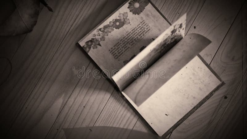 Black and white stylize Animation of a book opening, with winding leafs and curtains conceptual background